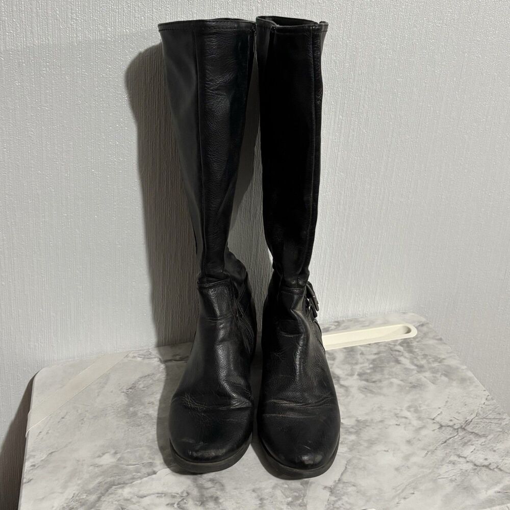 Black Boots Tall Faux Leather Zip Up Low Heel Buckle Women’s 8